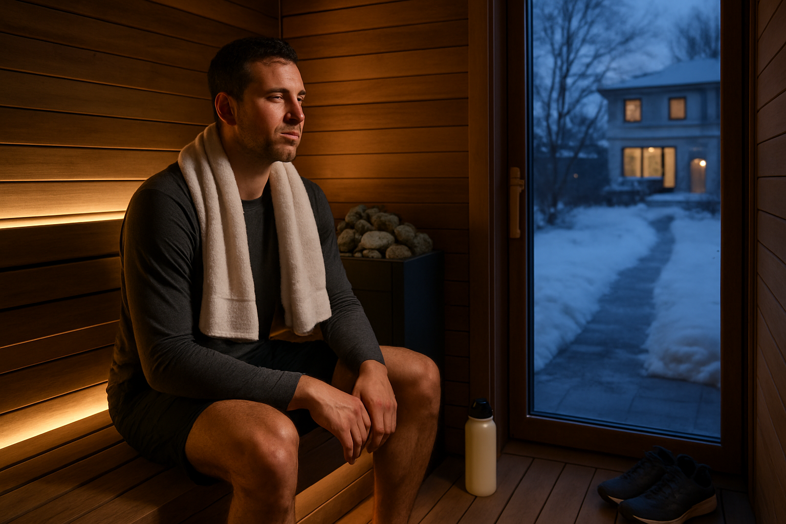 Male sitting in sauna